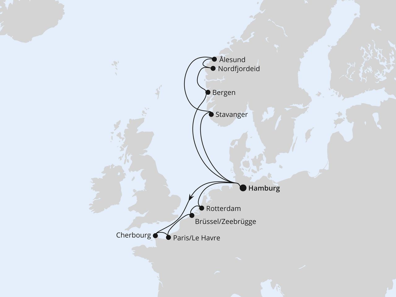 Routenkarte: Metropolen & Norwegen ab Hamburg