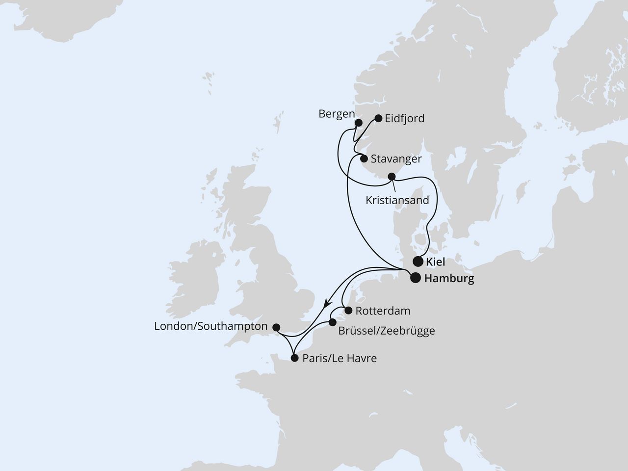 Routenkarte: Metropolen & Norwegen von Hamburg nach Kiel