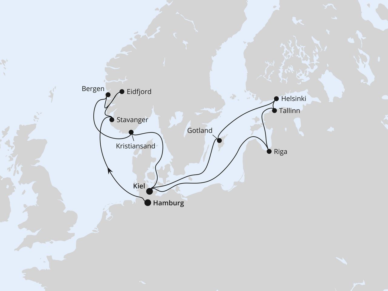 Routenkarte: Norwegen & Ostsee mit Lichterfest in Riga