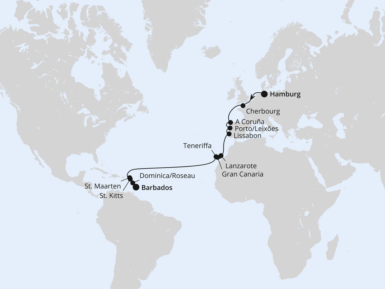Routenkarte: Von Hamburg über die Kanaren nach Barbados