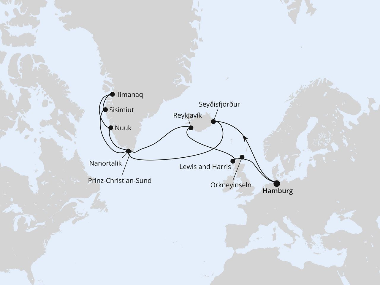 Routenkarte: Island & Grönland ab Hamburg