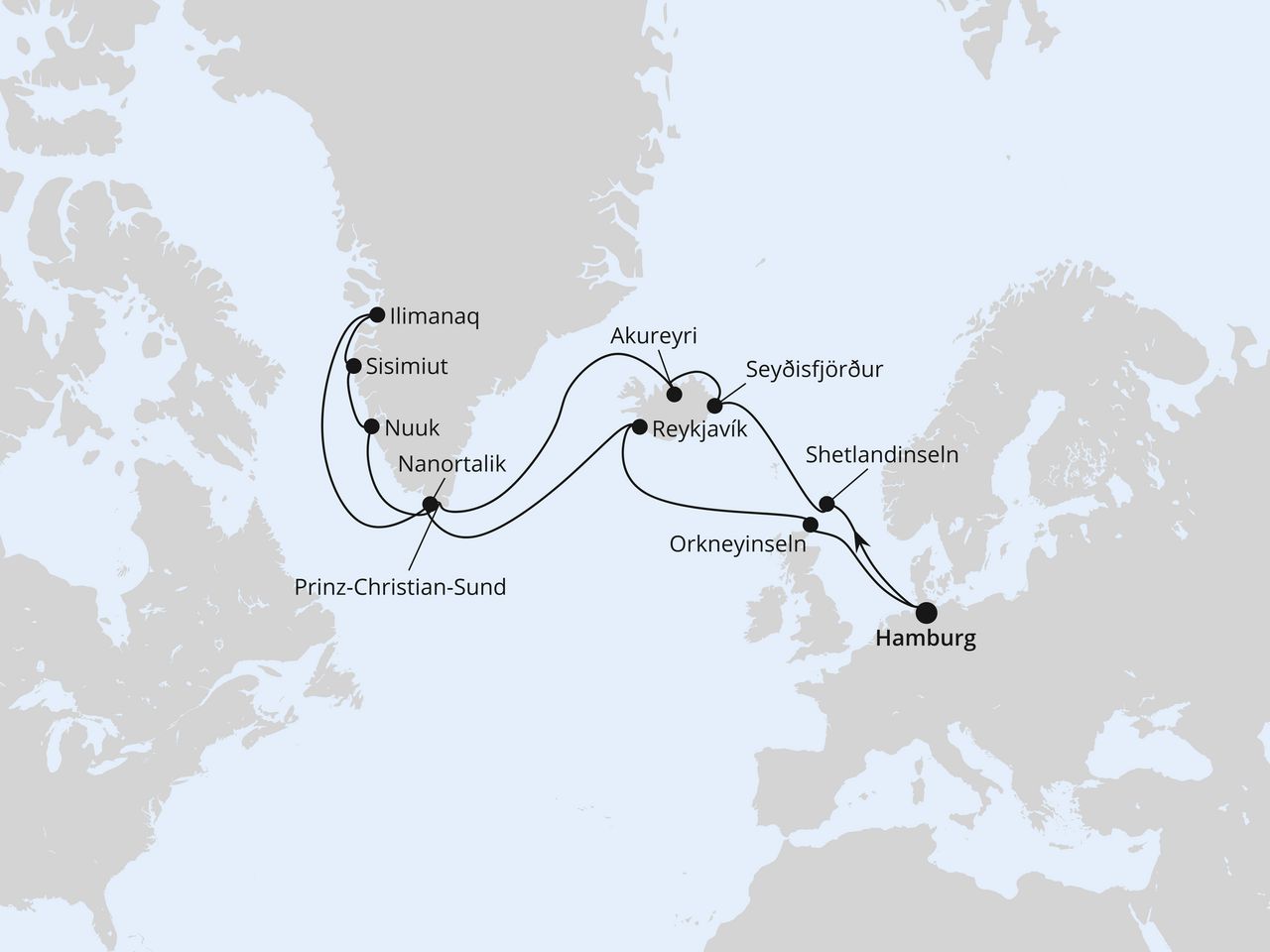 Routenkarte: Island & Grönland ab Hamburg