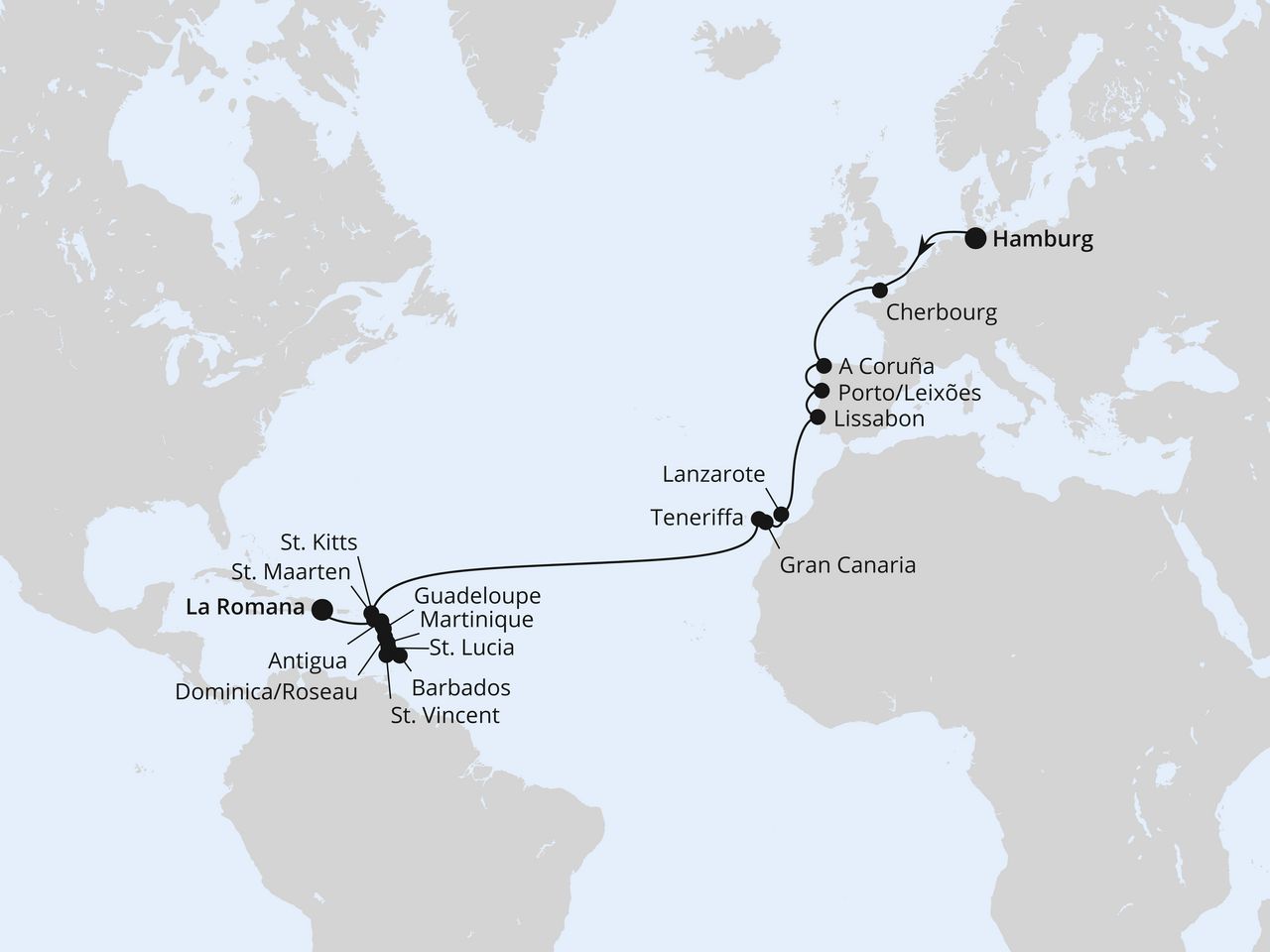 Routenkarte: Von Hamburg über die Kanaren in die Dom. Republik