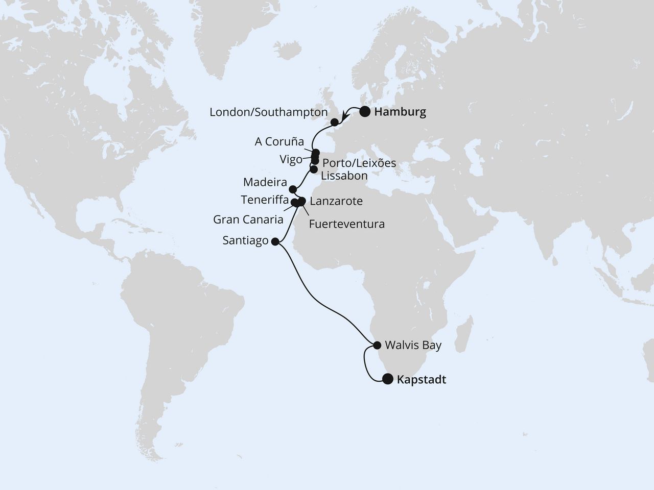 Routenkarte der AIDA Kreuzfahrt Von Hamburg über die Kanaren nach Kapstadt 1