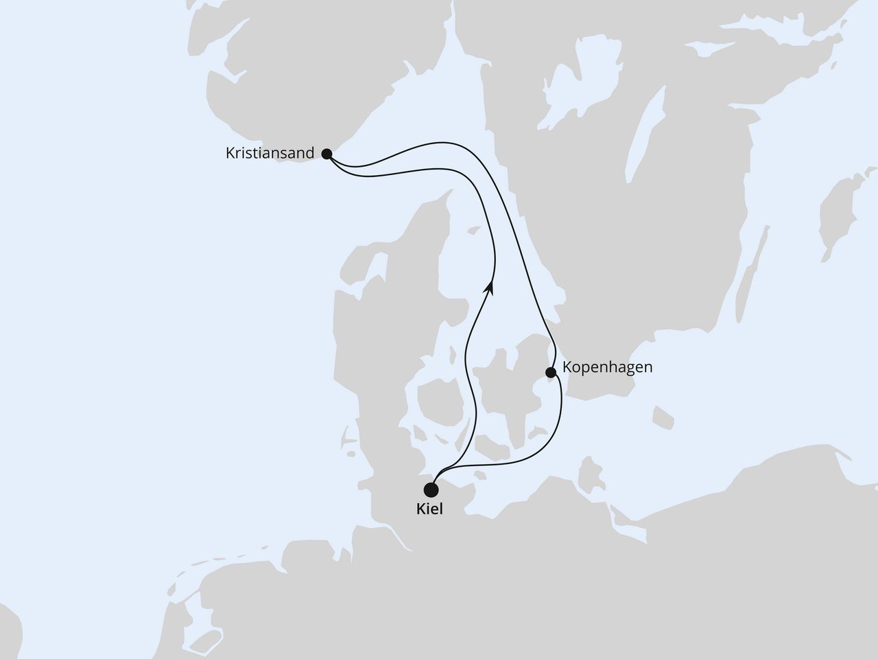 Routenkarte der AIDA Kreuzfahrt Kurzreise nach Kristiansand & Kopenhagen ab Kiel