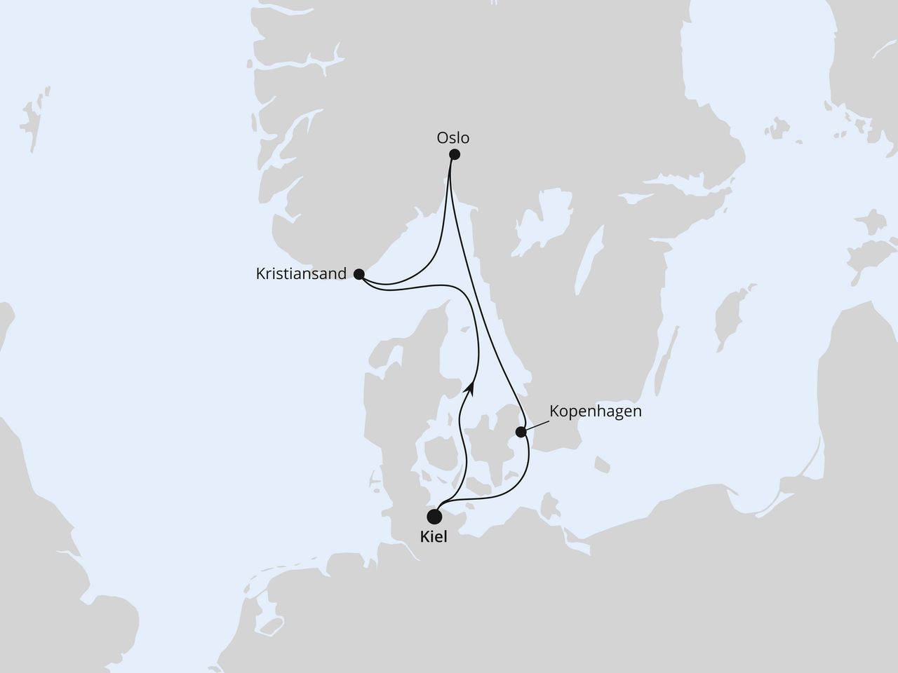 Routenkarte der AIDA Kreuzfahrt Skandinavische Städte ab Kiel