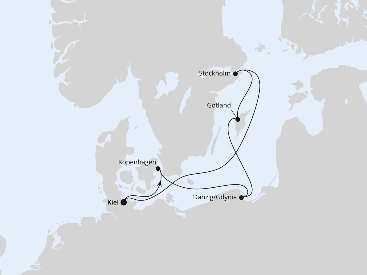 Routenkarte der AIDA Kreuzfahrt Schweden, Polen & Dänemark ab Kiel