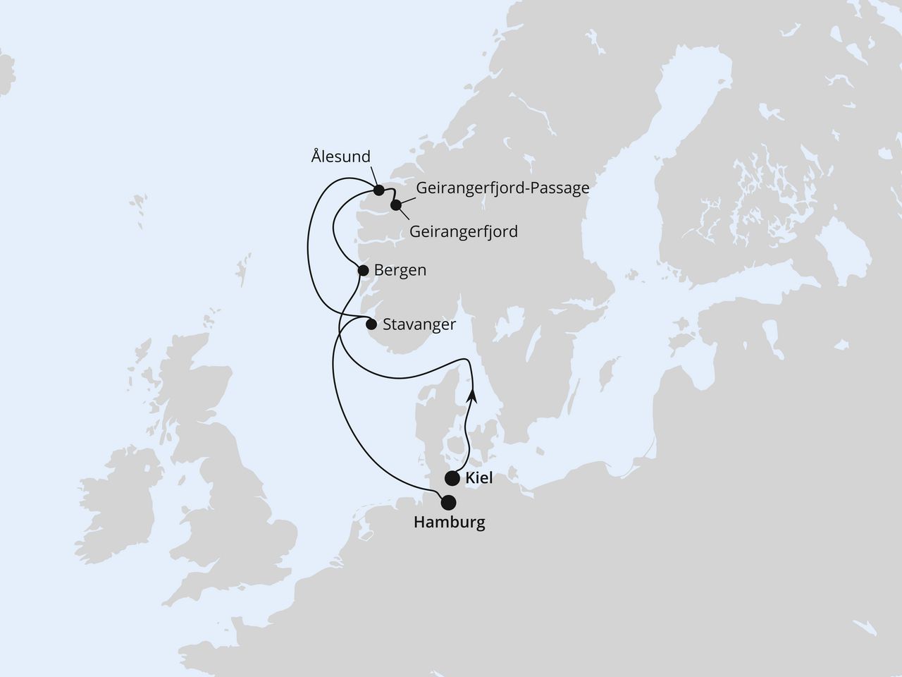 Routenkarte der AIDA Kreuzfahrt Norwegen ab Kiel