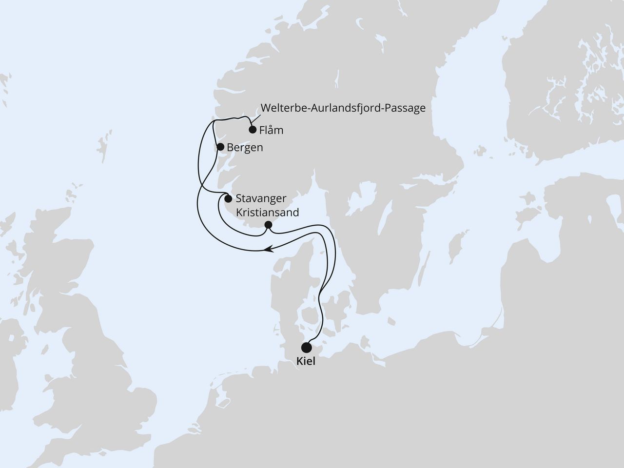 Routenkarte der AIDA Kreuzfahrt Norwegens Welterbe ab Kiel