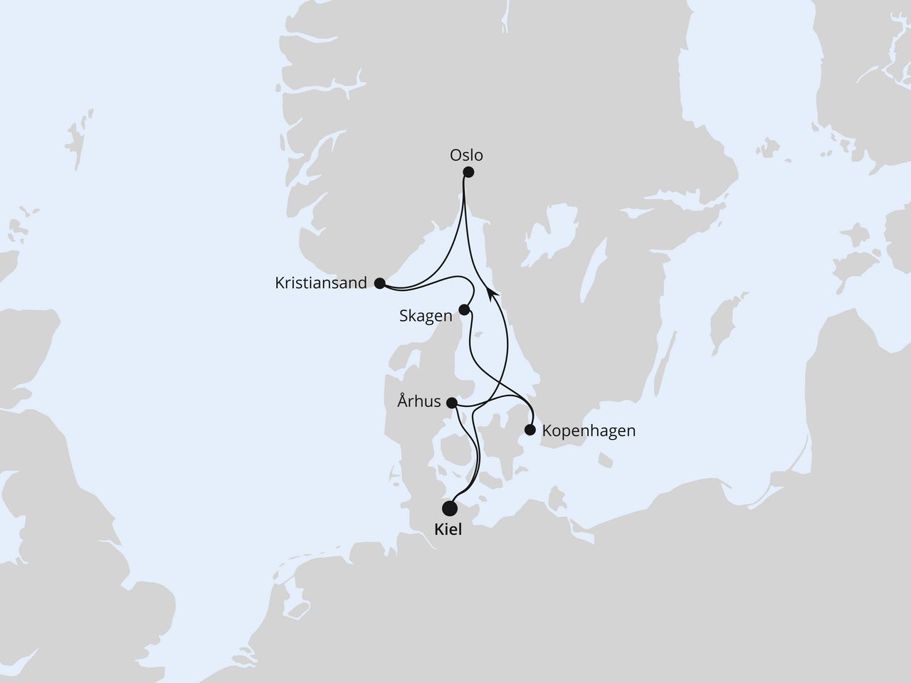Routenkarte der AIDA Kreuzfahrt Skandinavische Highlights ab Kiel