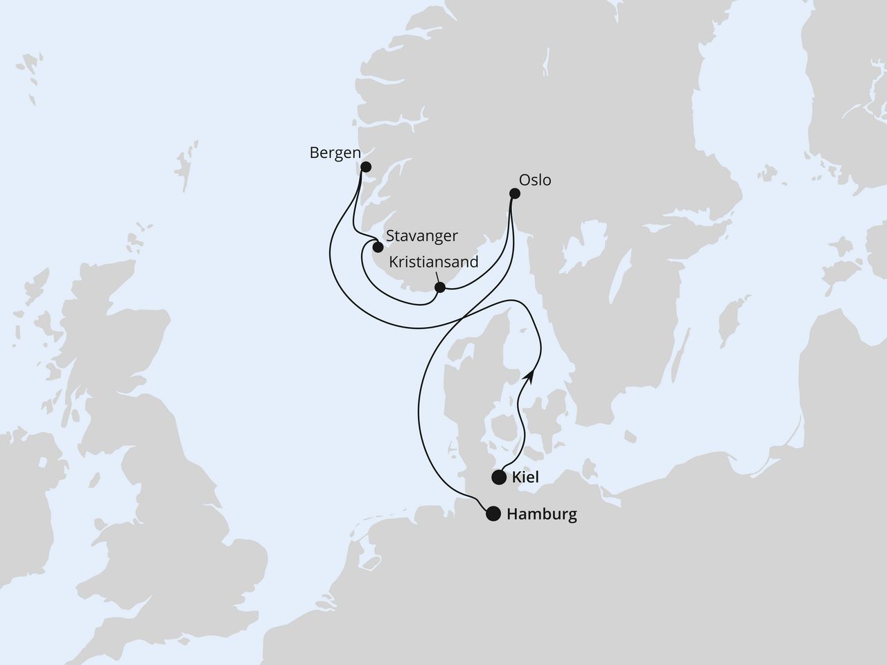 Routenkarte der AIDA Kreuzfahrt Südnorwegen ab Kiel