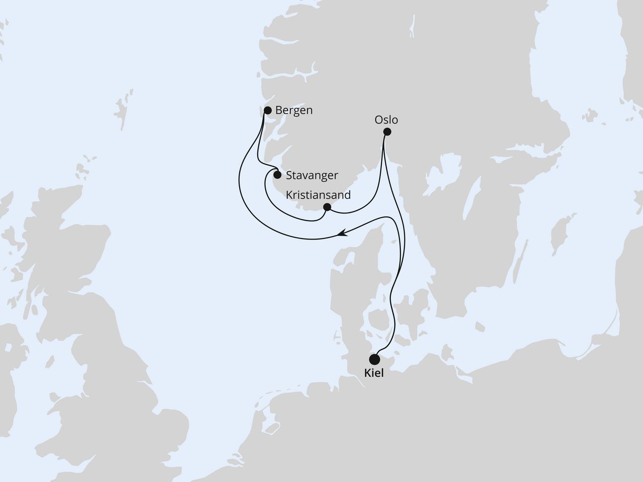Routenkarte: Südnorwegen ab Kiel