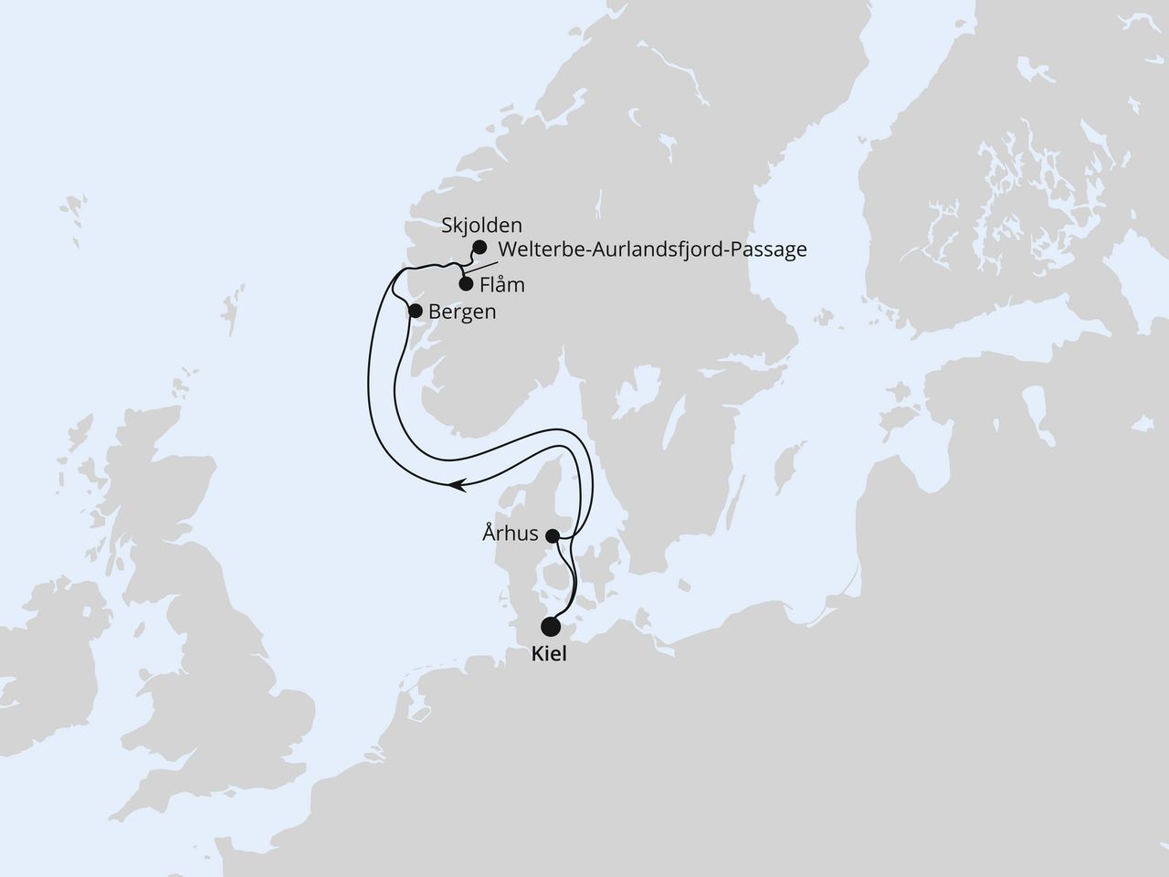 Routenkarte der AIDA Kreuzfahrt Norwegen mit Sognefjord ab Kiel