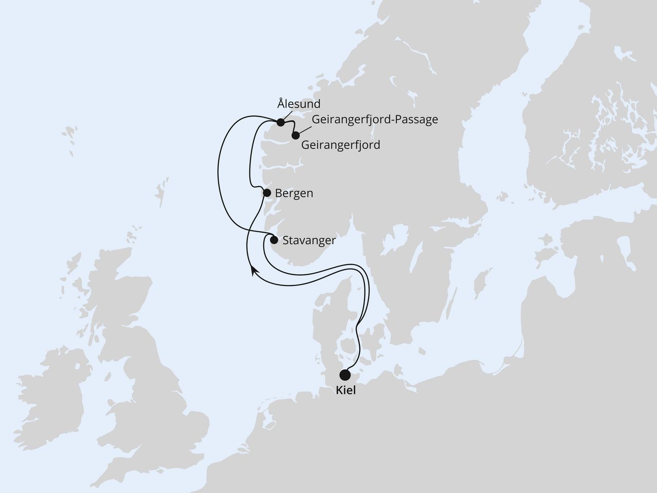 Routenkarte der AIDA Kreuzfahrt Norwegens Welterbe ab Kiel