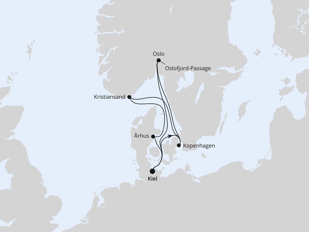 Routenkarte: Feiertagsreise nach Skandinavien ab Kiel