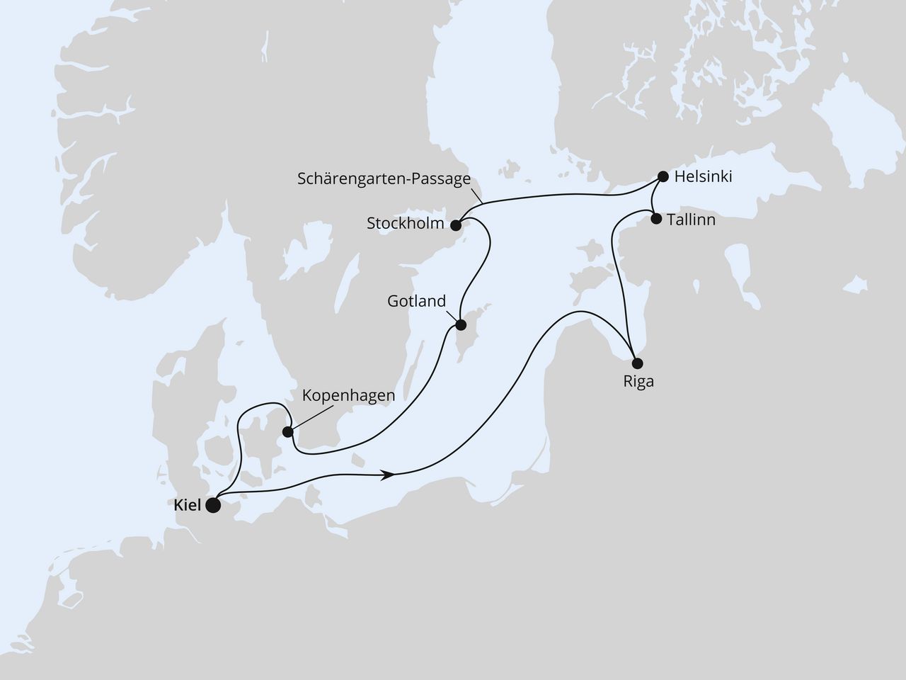 Routenkarte: Highlights der Ostsee ab Kiel