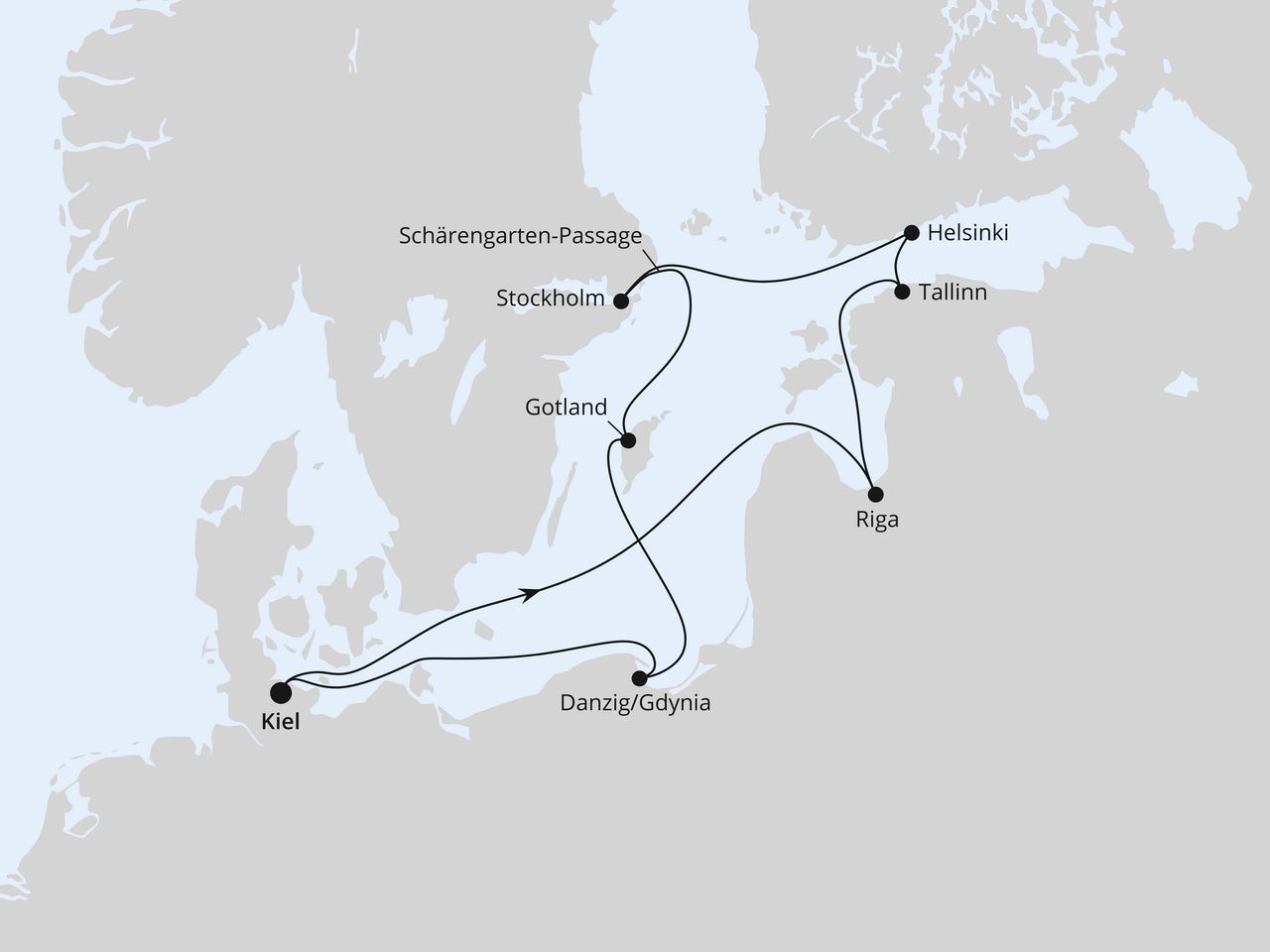 Routenkarte: Highlights der Ostsee ab Kiel 1