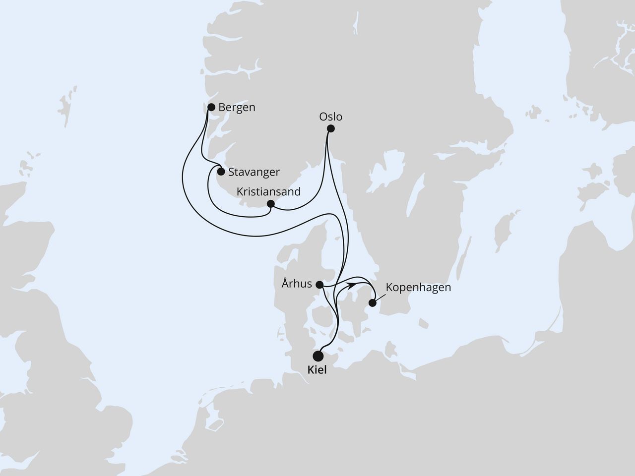 Routenkarte: Dänemark & Norwegen ab Kiel