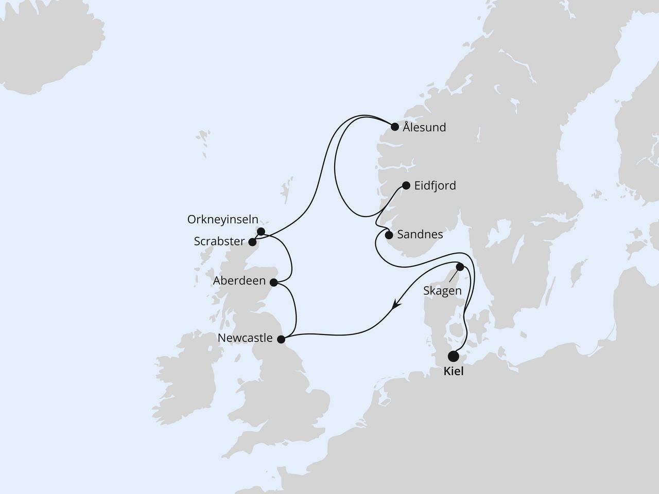 Routenkarte der AIDA Kreuzfahrt England, Schottland & Norwegen ab Kiel