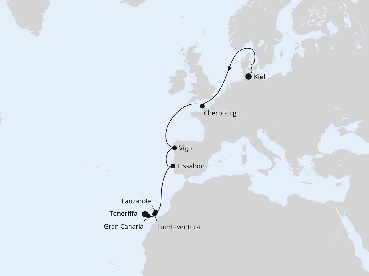 Routenkarte: Europas Atlantikküste ab Kiel