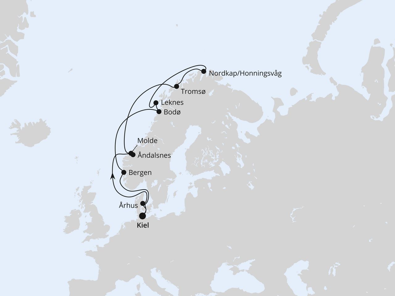 Routenkarte der AIDA Kreuzfahrt Norwegen mit Lofoten & Nordkap