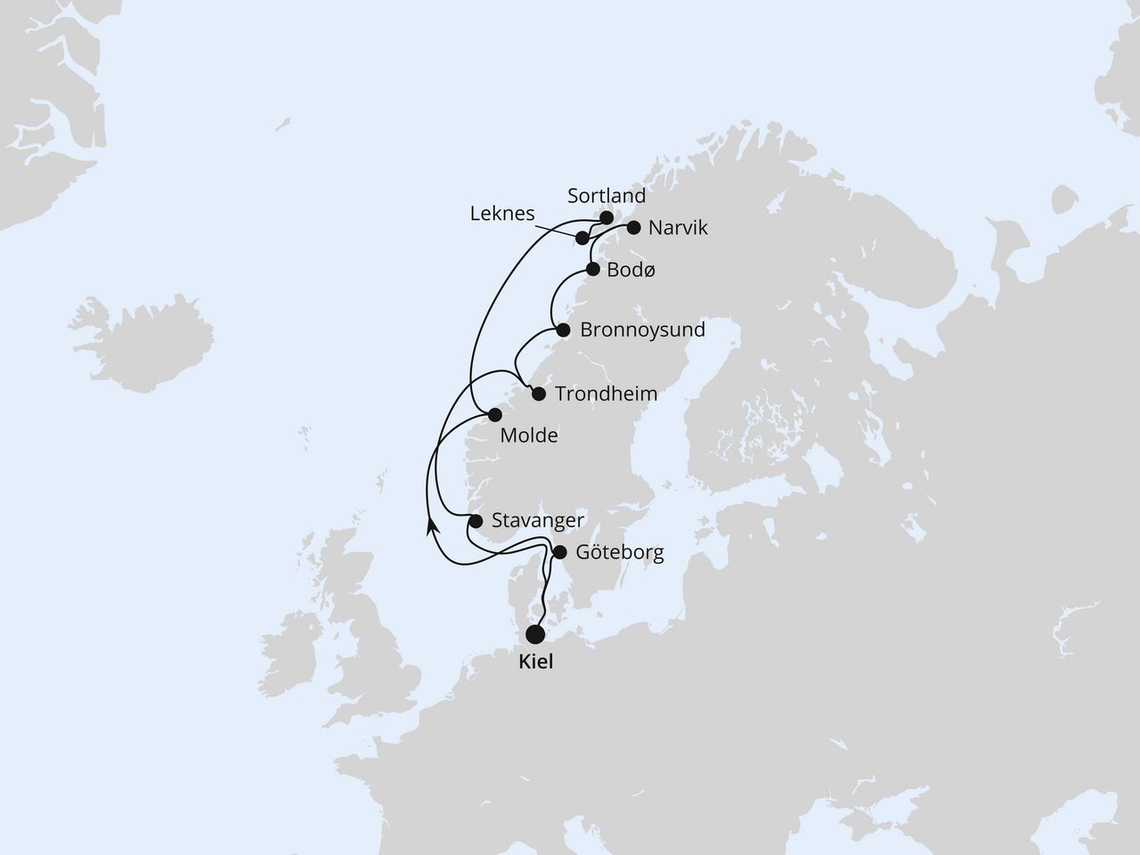 Routenkarte der AIDA Kreuzfahrt Norwegen mit Lofoten & Vesterålen