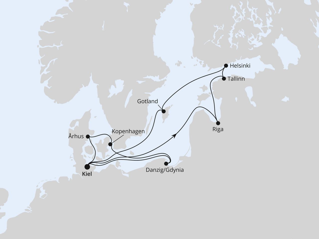 Routenkarte: Große Ostsee-Reise mit Lichterfest in Riga ab Kiel