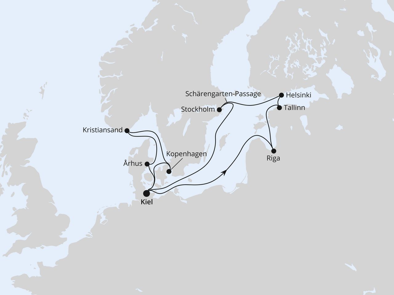 Routenkarte: Weihnachtsreise nach Skandinavien ab Kiel