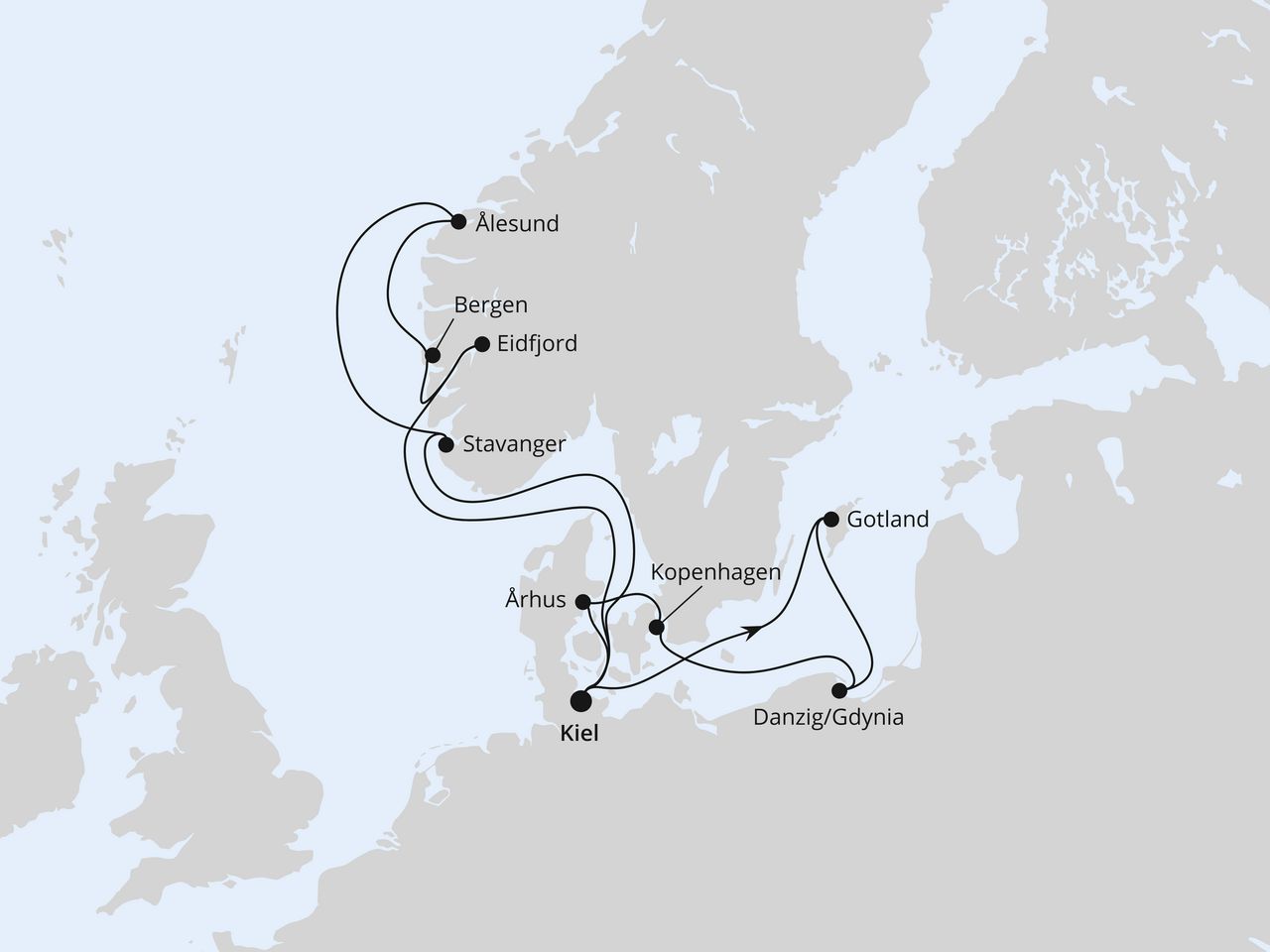 Routenkarte: Ostsee & Norwegen ab Kiel 1