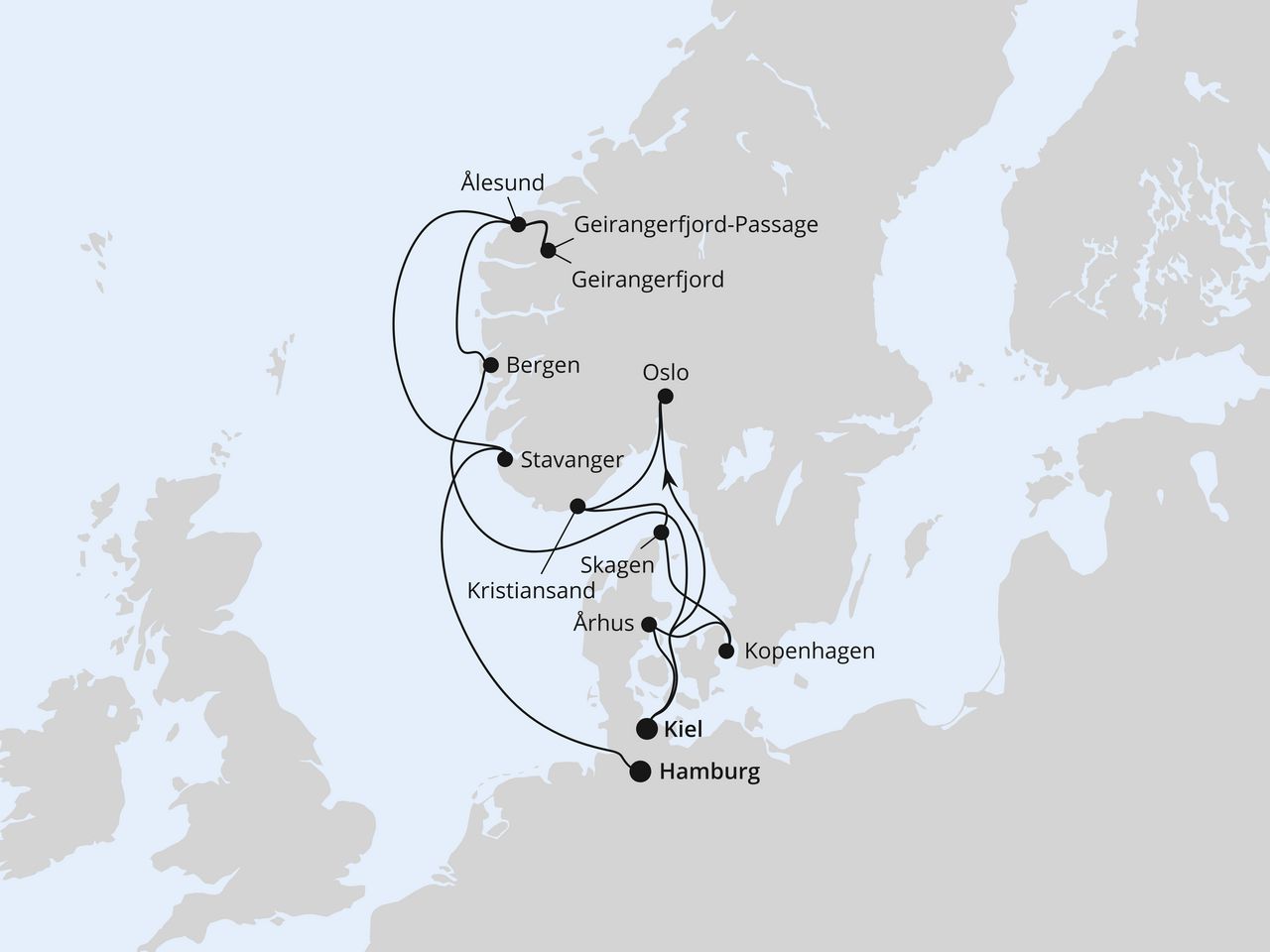 Routenkarte der AIDA Kreuzfahrt Große Skandinavien-Reise ab Kiel
