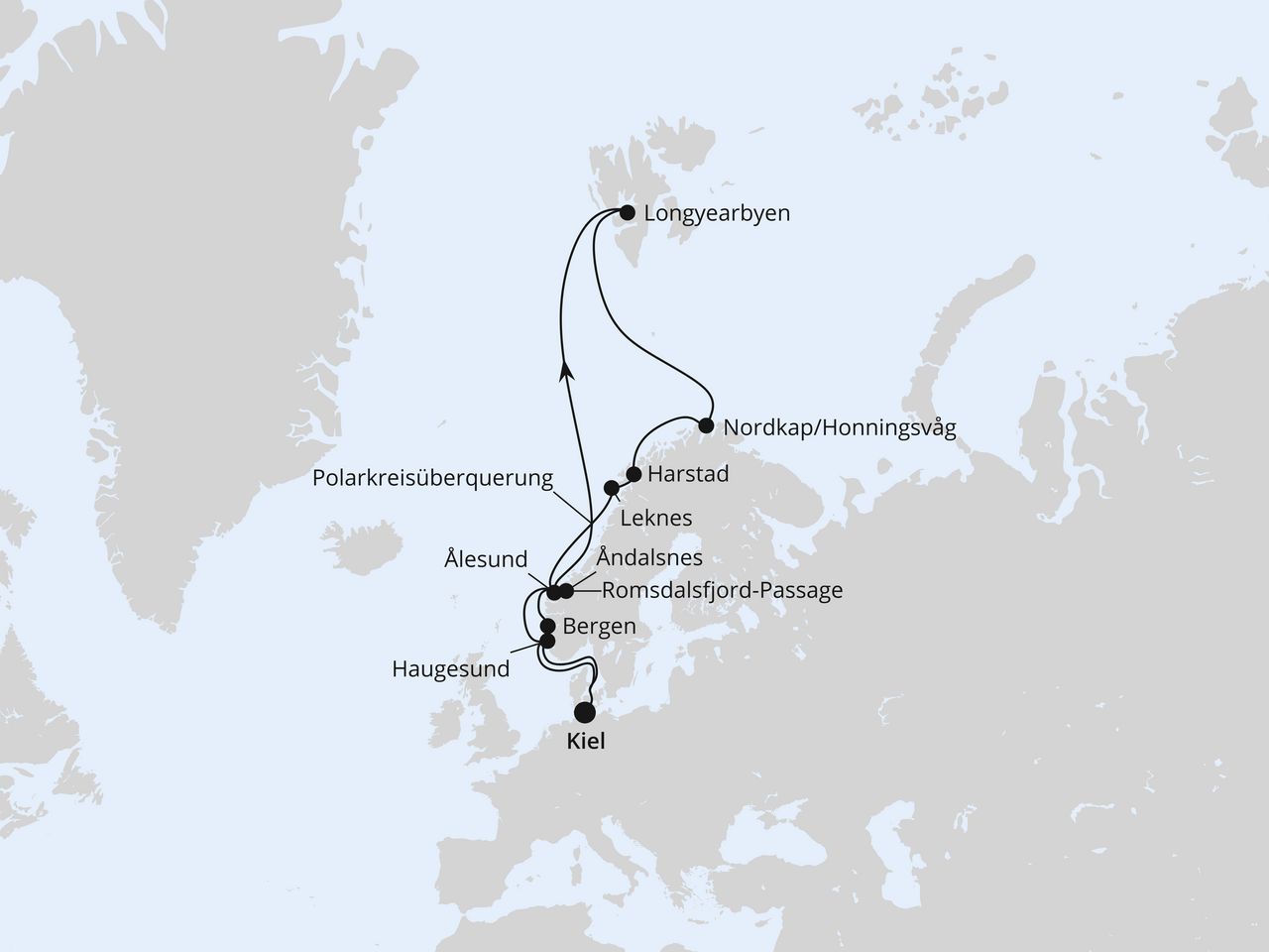 Routenkarte: Norwegen mit Spitzbergen & Lofoten ab Kiel