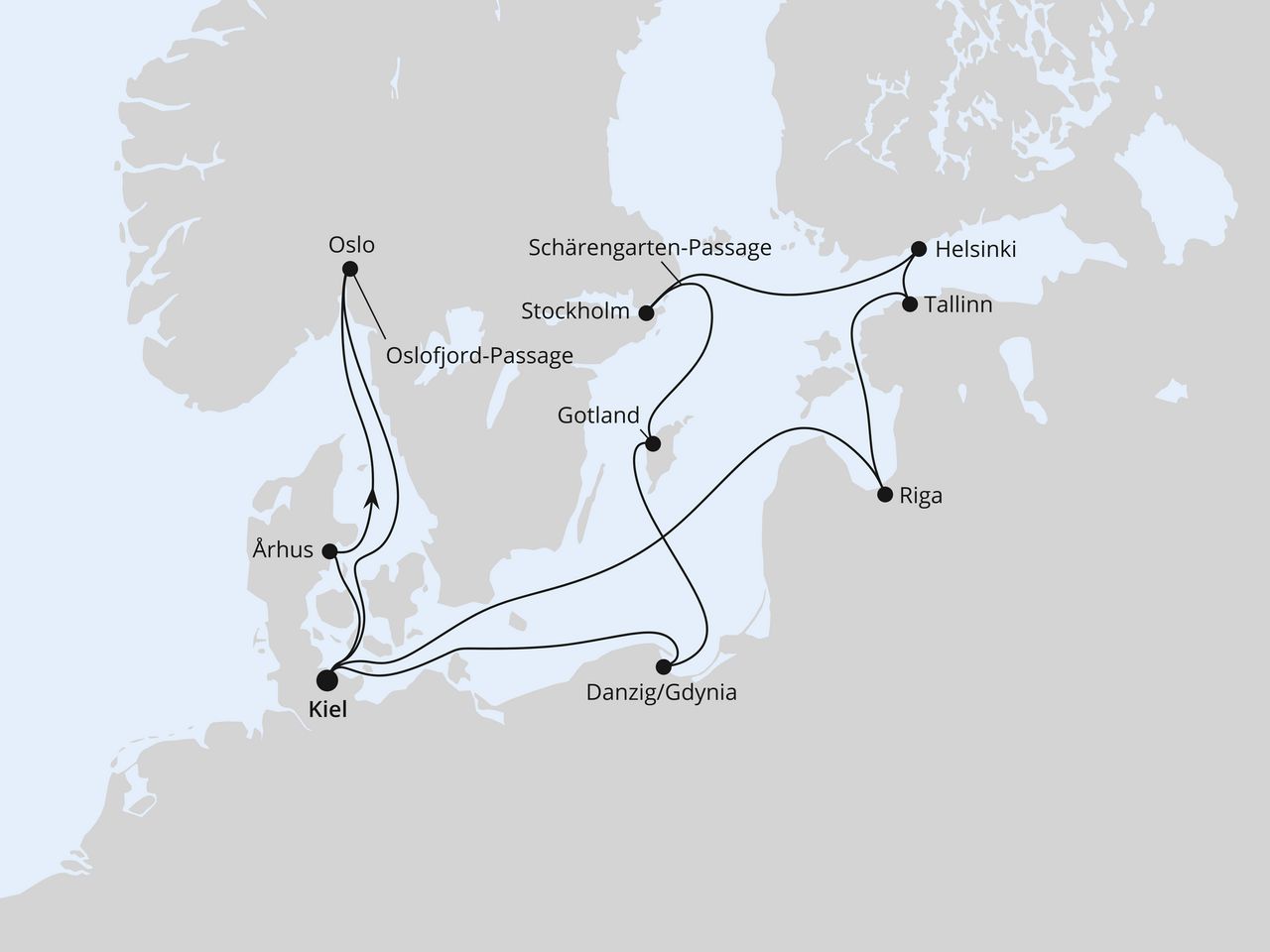 Routenkarte: Ostsee-Reise mit Biathlon-Weltcup in Oslo ab Kiel