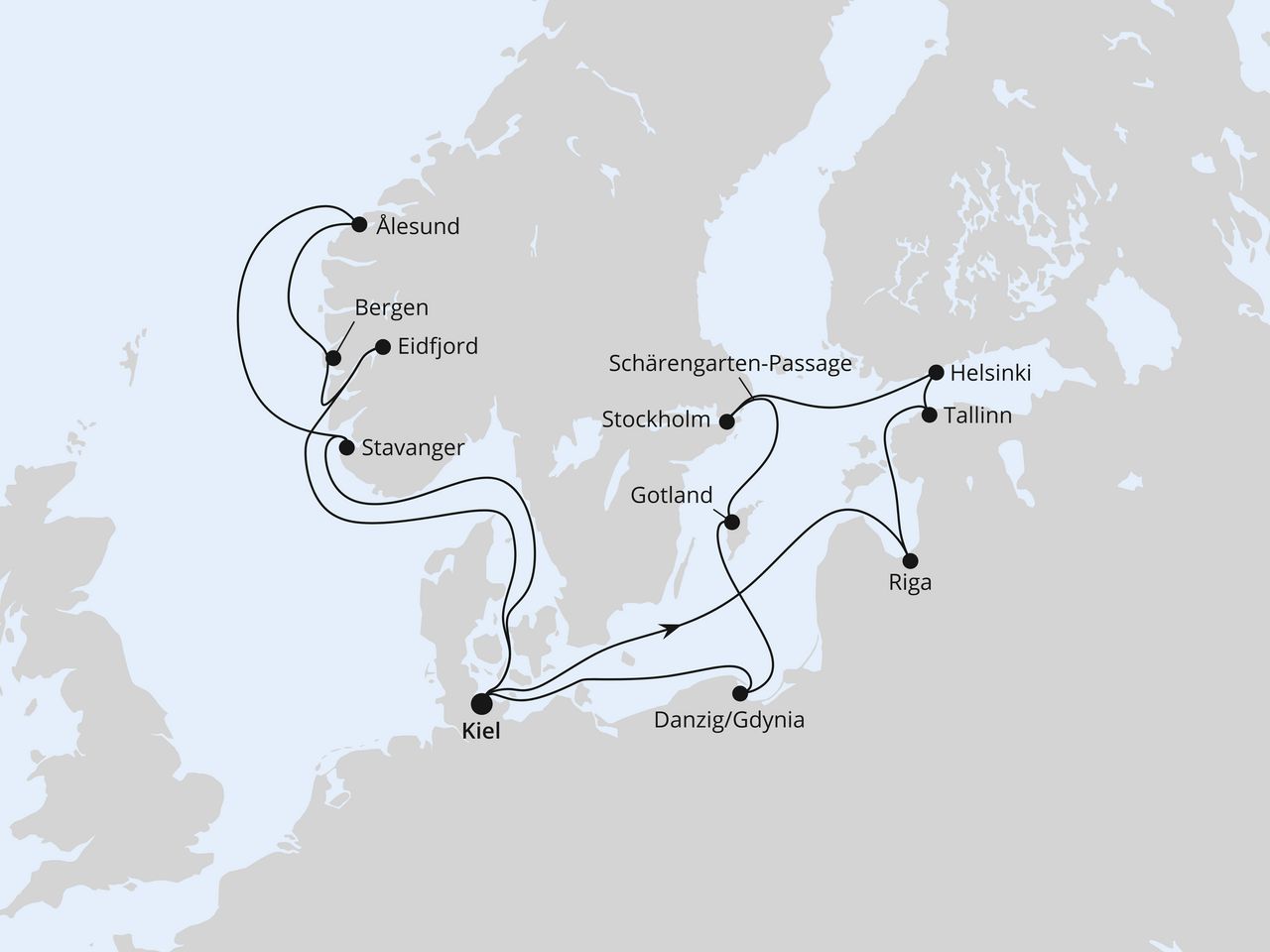 Routenkarte: Große Ostsee- & Norwegen-Reise ab Kiel