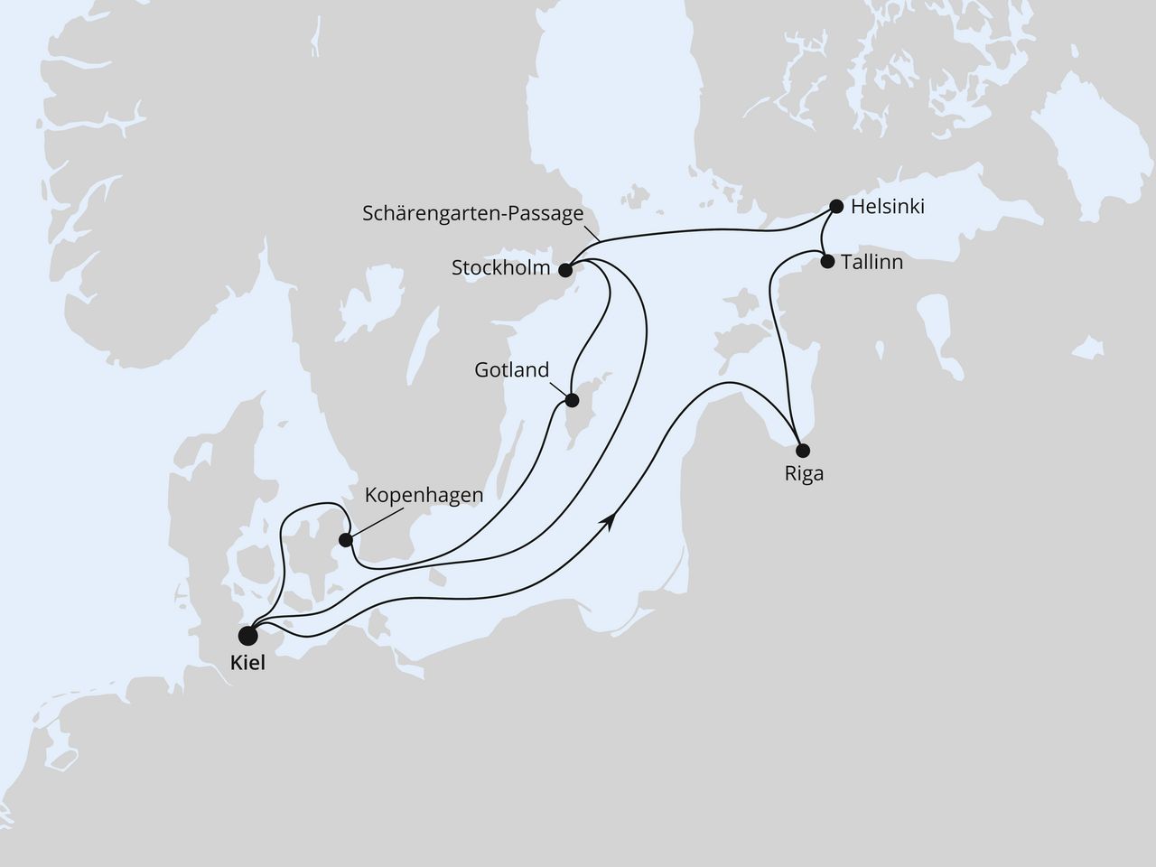 Routenkarte: Große Ostsee-Reise ab Kiel