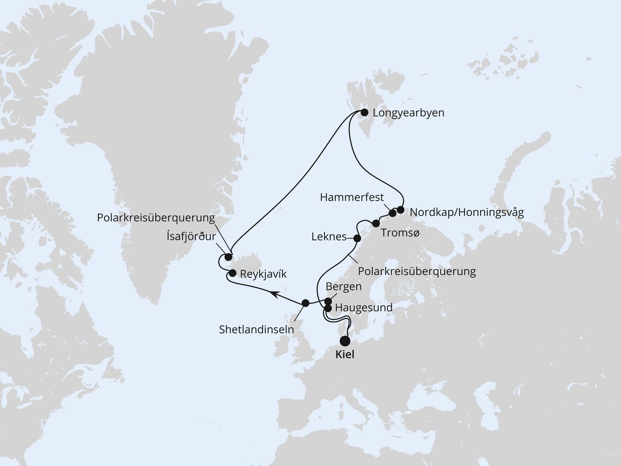 Routenkarte: Highlights am Polarkreis ab Kiel
