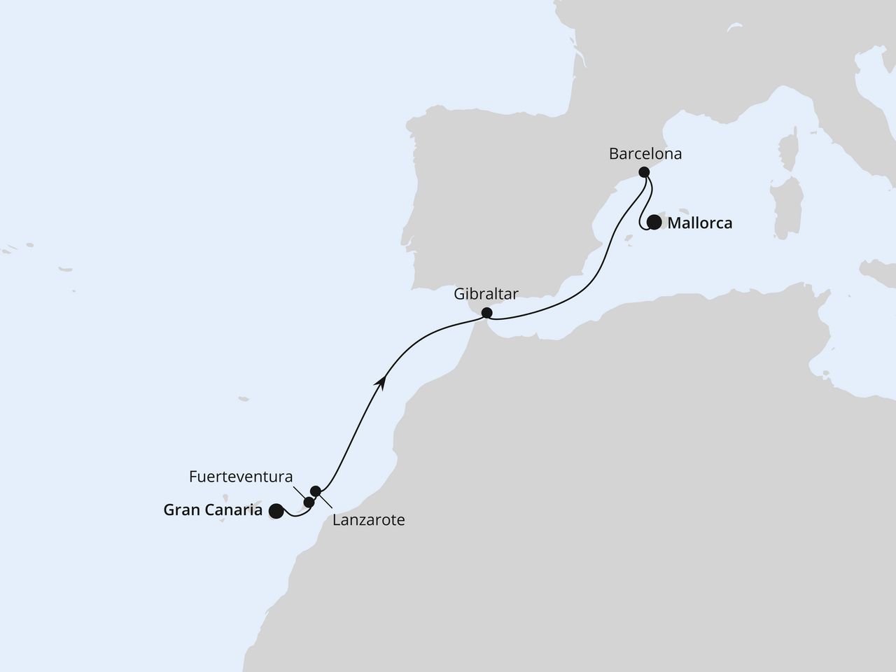 Routenkarte: Kanaren, Gibraltar & Barcelona ab Gran Canaria