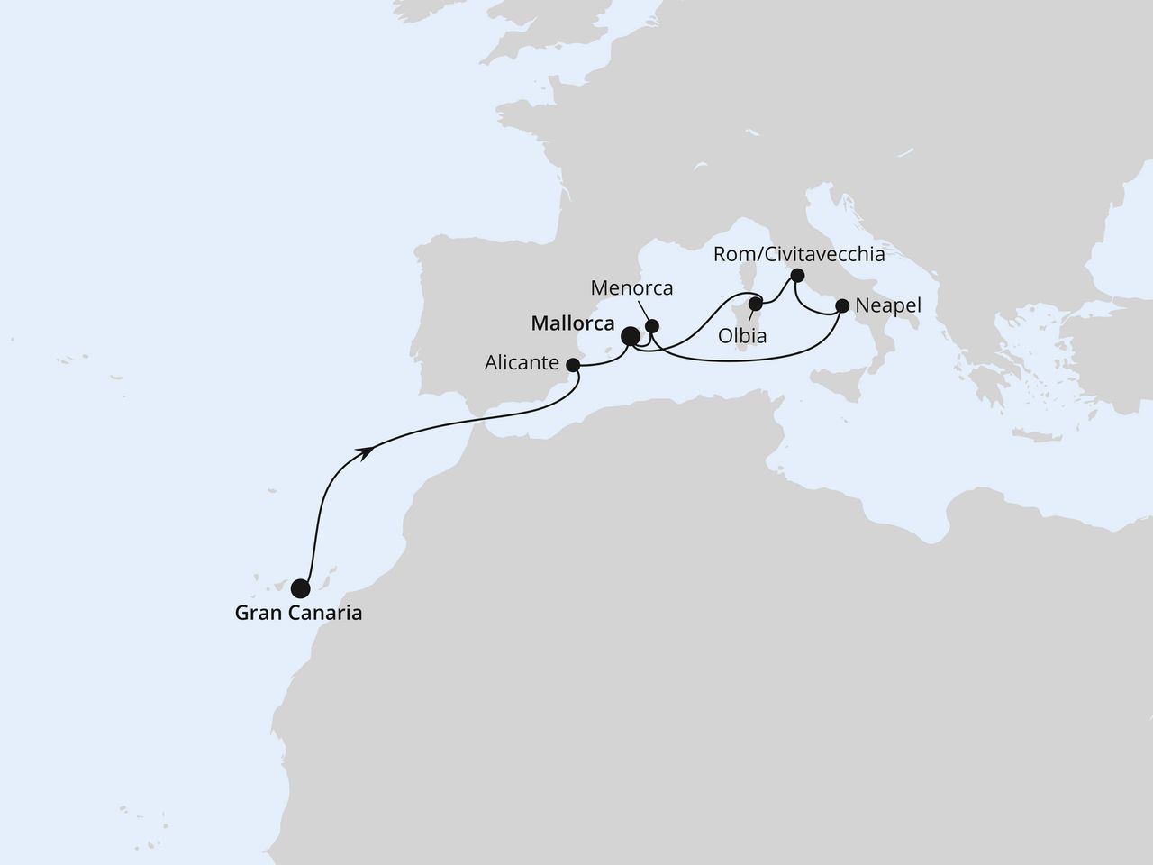 Routenkarte: Italien & Balearen ab Gran Canaria