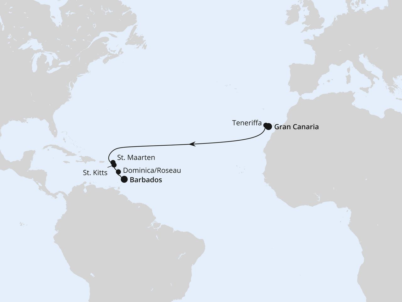 Routenkarte: Von Gran Canaria nach Barbados