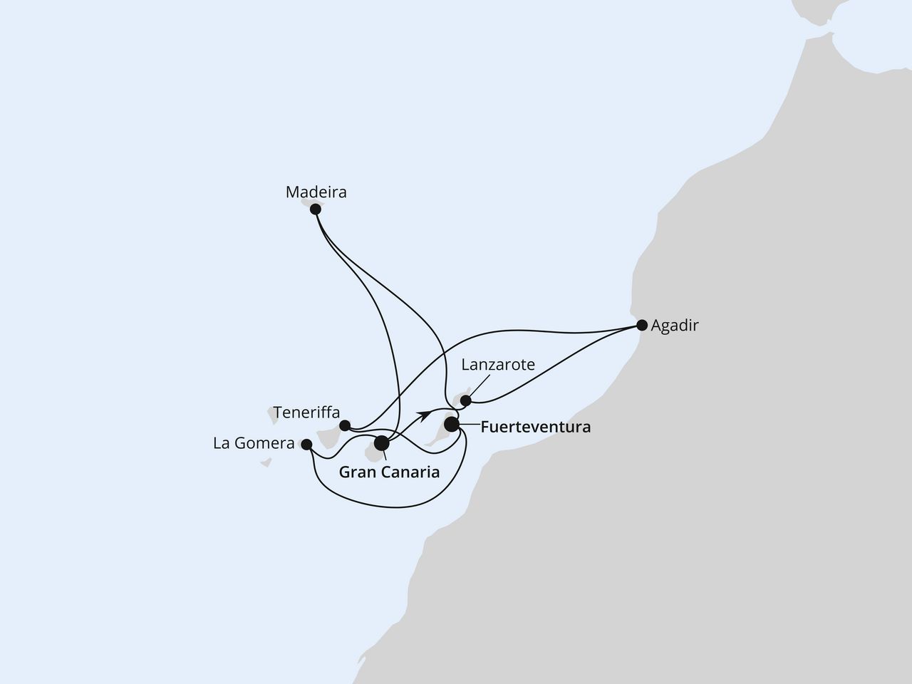 Routenkarte der AIDA Kreuzfahrt Kanaren, Madeira & Marokko