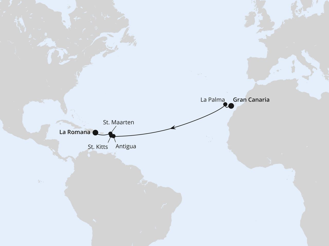 Routenkarte der AIDA Kreuzfahrt Von Gran Canaria in die Dominikanische Republik