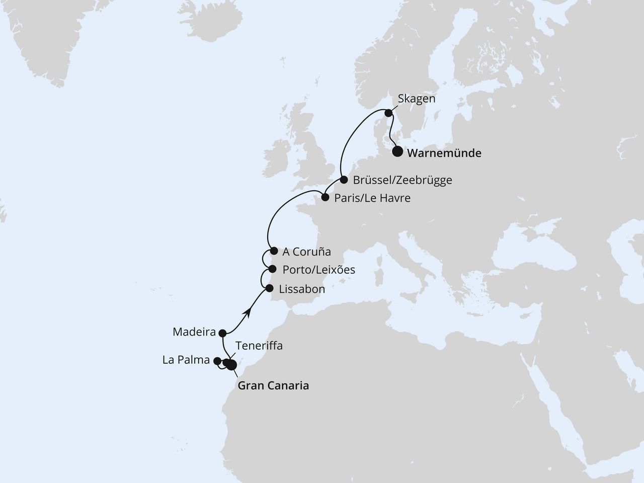 Routenkarte: Von Gran Canaria über Portugal nach Warnemünde