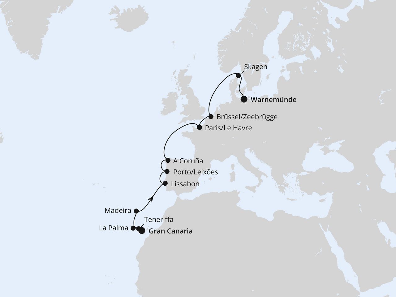 Von Gran Canaria über Portugal nach Warnemünde
