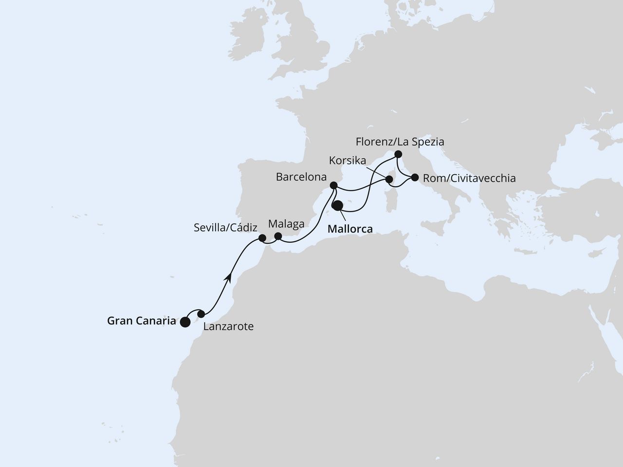 LAS PALMAS/GRAN CANARIA,ARRECIFE/LANZAROTE,SEVILLA/CADIZ,MALAGA,BARCELONA,PALMA,FLORENZ/LA SPEZIA,ROM/CIVITAVECCHIA,AJACCIO/KORSIKA,BARCELONA,PALMA