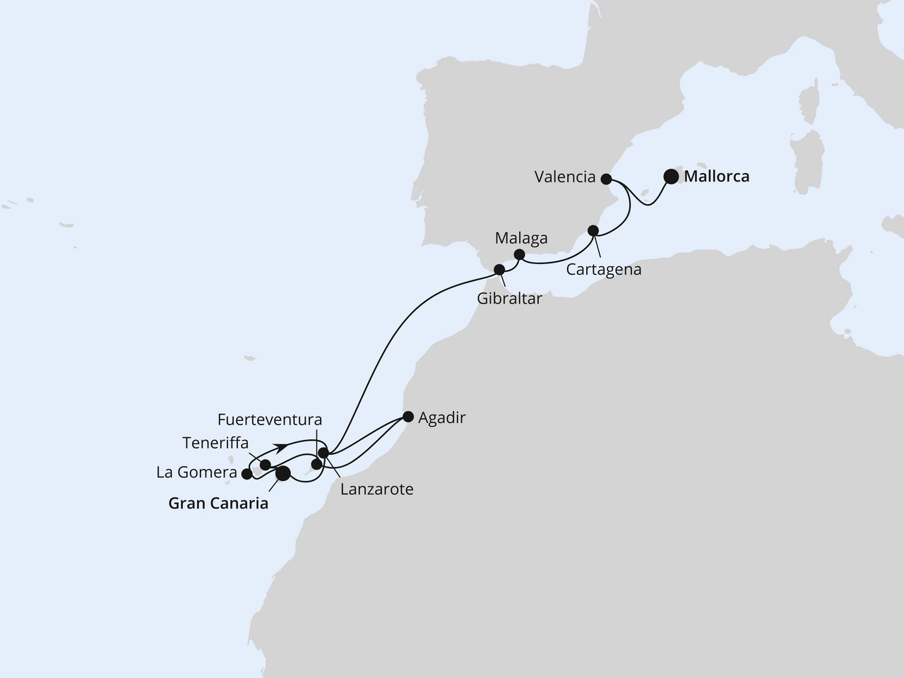 Routenkarte: Kanaren & Südspanien mit Marokko ab Gran Canaria