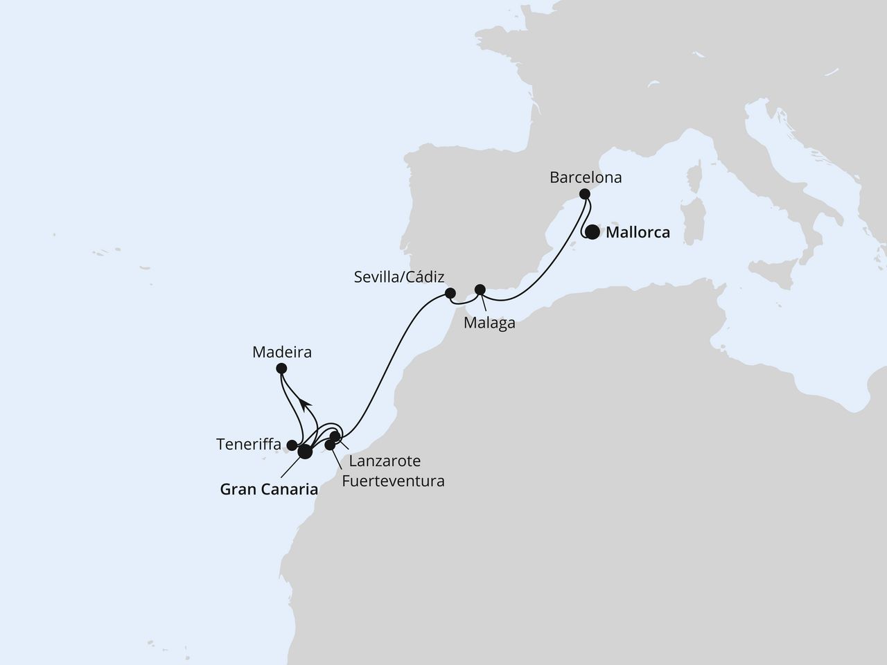Routenkarte: Kanaren, Madeira & Andalusien ab Gran Canaria