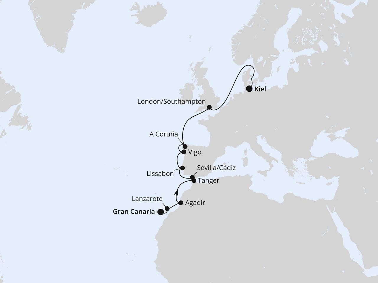 Routenkarte: Westeuropa-Highlights mit Marokko ab Gran Canaria
