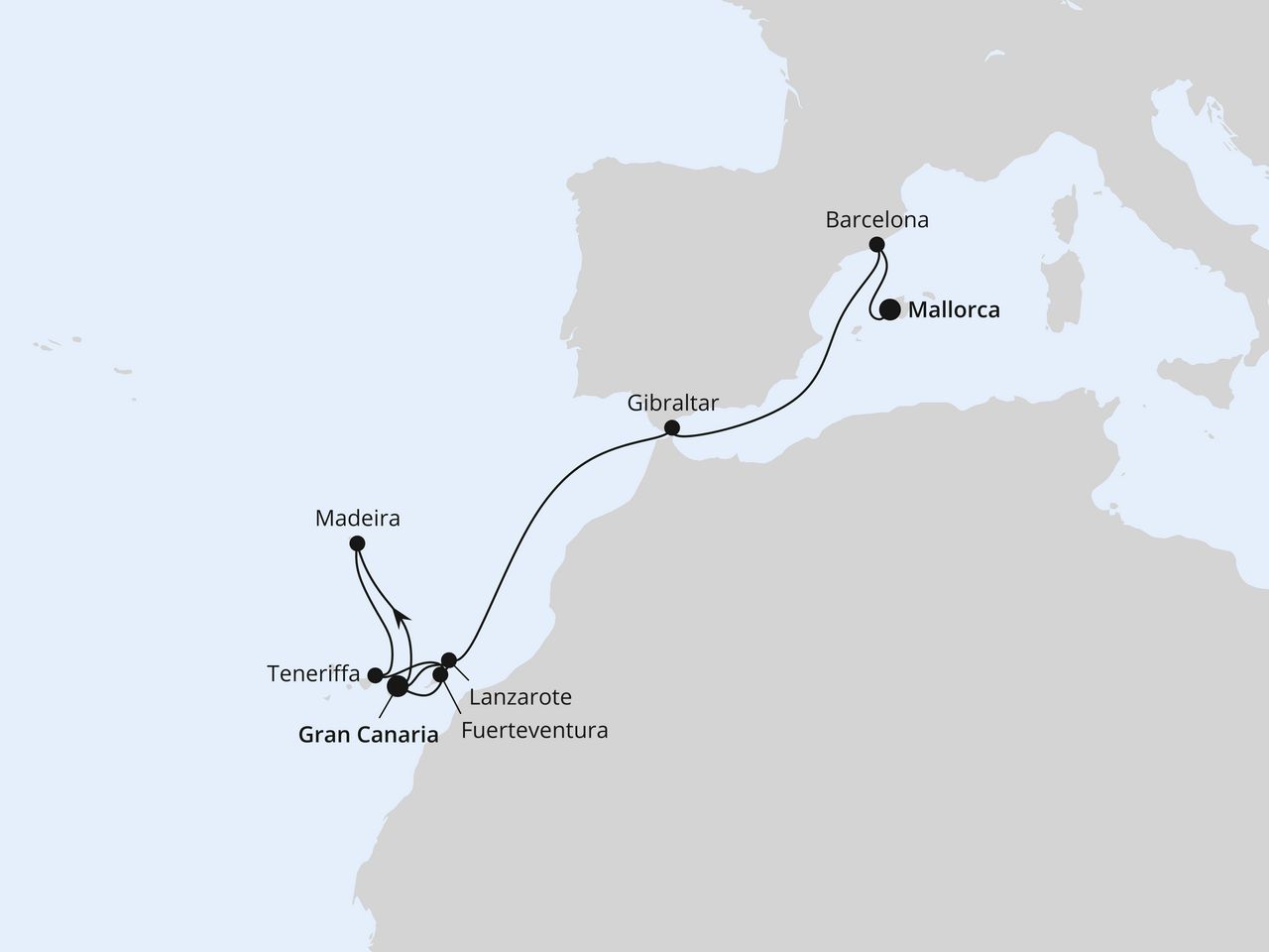 Routenkarte: Kanaren, Madeira & Mittelmeer ab Gran Canaria