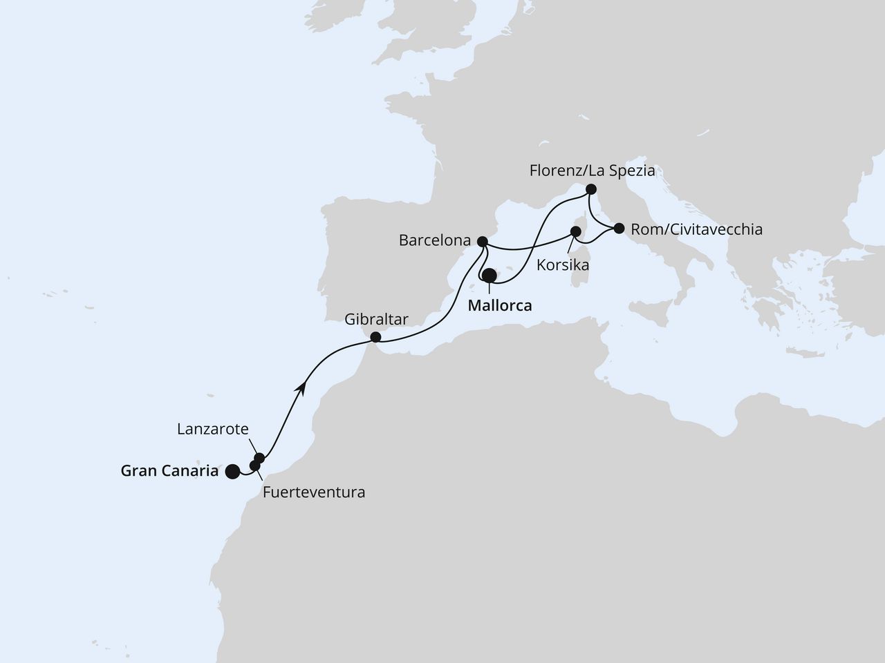 Routenkarte: Kanaren & Mittelmeer ab Gran Canaria