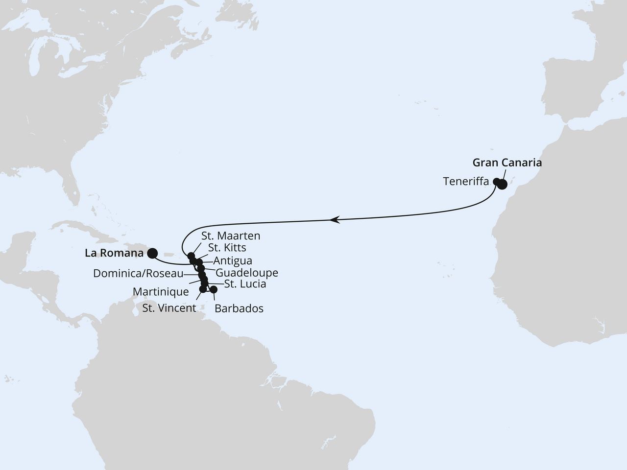 Routenkarte: Von Gran Canaria in die Dominikanische Republik