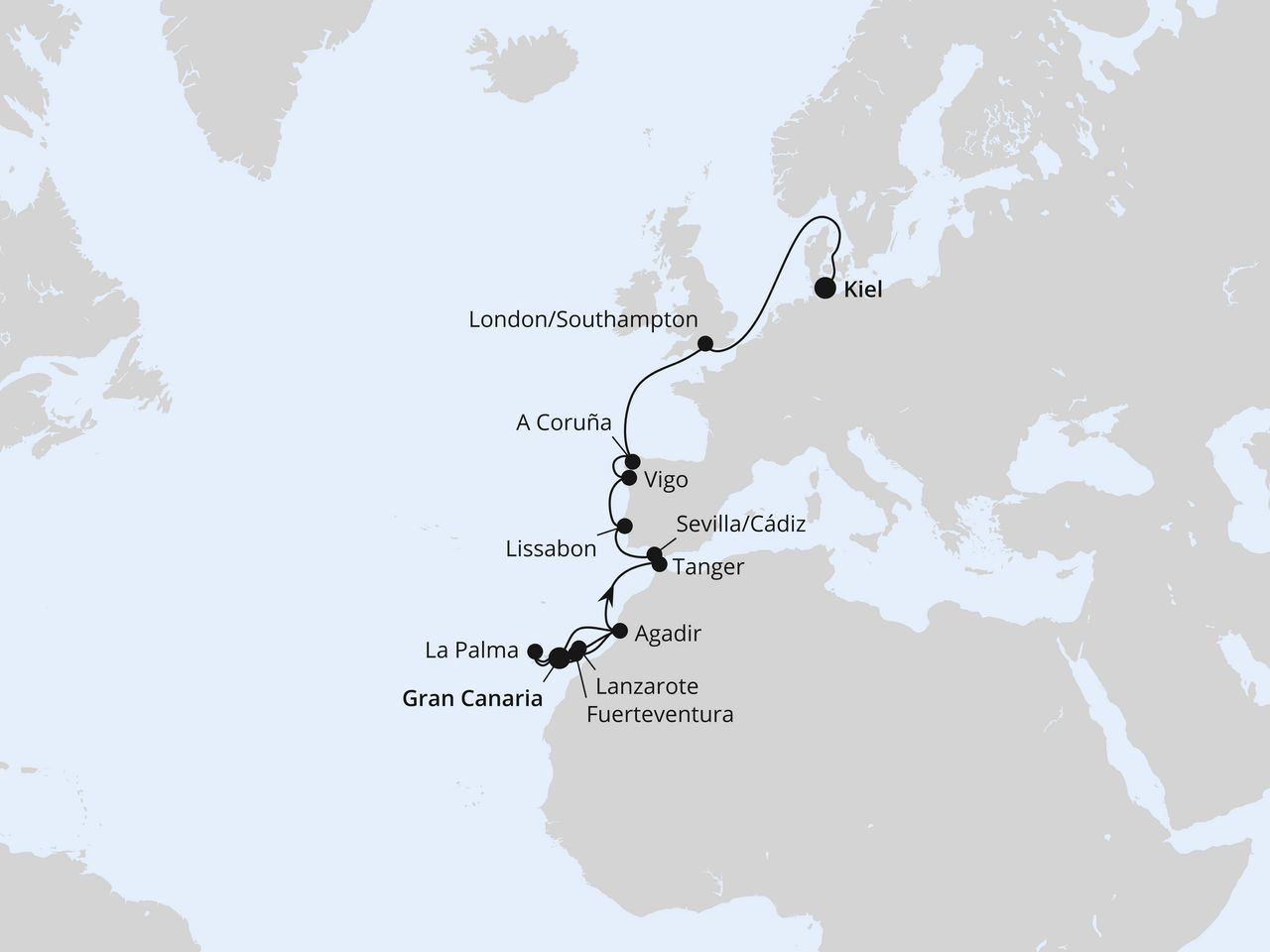 Routenkarte: Von Gran Canaria über Portugal nach Kiel
